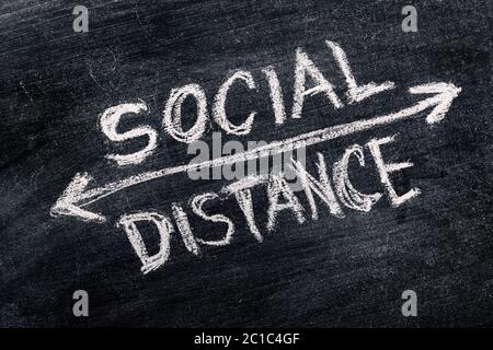 Distanza sociale scritta in gesso sulla lavagna, immagine concettuale che si riferisce alla distanza tra i diversi gruppi sociali Foto Stock