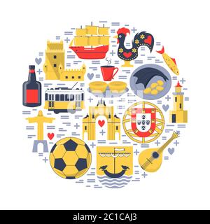 Concetto rotondo del Portogallo con le icone in stile piatto. Simboli tradizionali con cultura nazionale, cucina e attrazioni. Banner di viaggio o poster templ Illustrazione Vettoriale