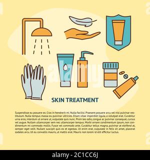 Banner con testo sul concetto di trattamento della pelle. Simboli per la cura della pelle impostati in stile linea. Banner medico o modello poster. Illustrazione vettoriale. Illustrazione Vettoriale
