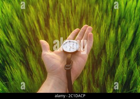 Trovare una direzione in natura su un campo di grano. La mano di un uomo tiene una bussola Foto Stock