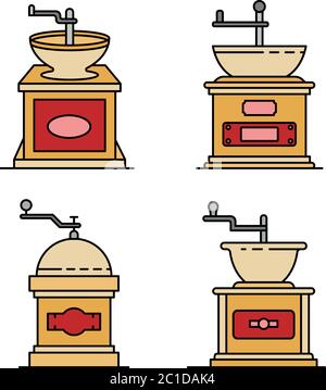 Icone del macinacaffè Imposta il vettore di colore della linea Illustrazione Vettoriale