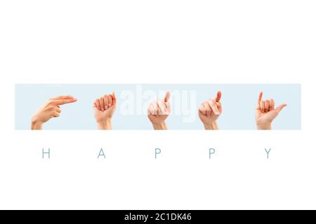 Parola felice in American Sign Language Foto Stock