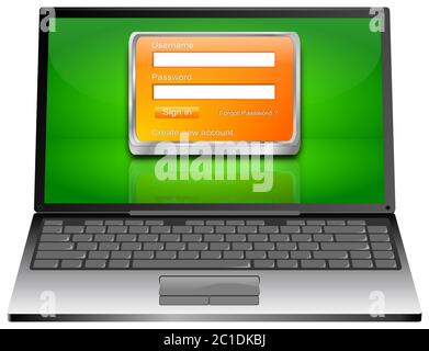 Computer portatile con schermata di accesso arancione sul desktop verde - illustrazione 3D Foto Stock