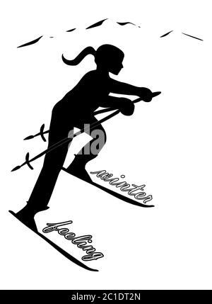 Sensazione invernale - Silhouette nera della sciatrice femminile - illustrazione Foto Stock