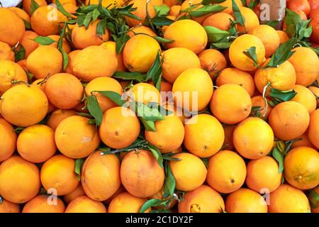 Fresche e mature clementine con foglie verdi per la vendita al mercato Foto Stock