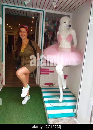 simpatico manichino bianco con testa di cane e tulle ballerina vestito rosa per una barzelletta in stile ragazza Foto Stock