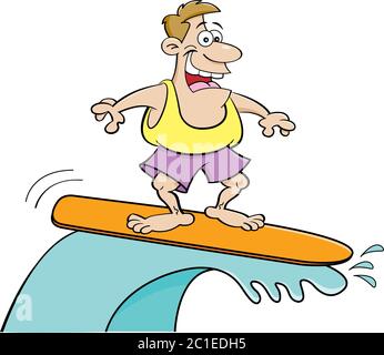 Illustrazione di un uomo sorridente che surfing. Foto Stock