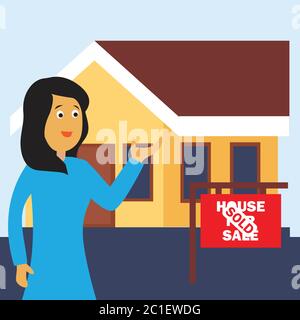 donna d'affari di fronte a casa in vendita banner tavola e venduto per il concetto di bene immobile. illustrazione vettoriale Illustrazione Vettoriale