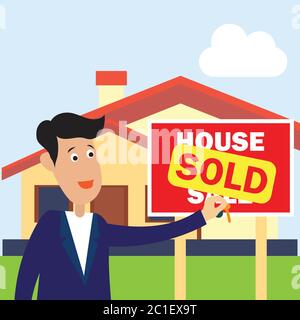 uomo d'affari di fronte a casa in vendita banner tavola e venduto per il concetto di bene immobile. illustrazione vettoriale Illustrazione Vettoriale