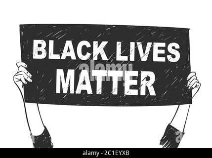 Le vite nere contano le mani di bandiera di protesta che tengono. Diritto umano dei neri negli Stati Uniti. Schizzo vettoriale, illustrazione disegnata a mano Illustrazione Vettoriale