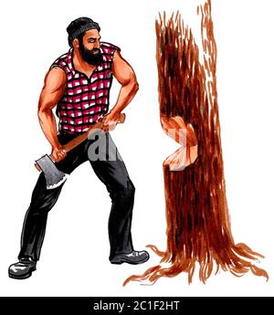 Forte logger canadese che taglia un grande albero. Disegno con inchiostro e acquerello Foto Stock