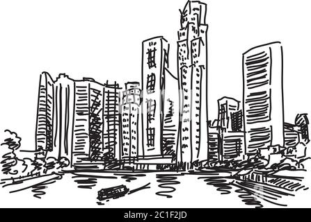 Skyline di Singapore. Vista dal lato del fiume. Schizzo rapido disegnato a mano Illustrazione Vettoriale