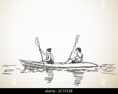 Schizzo di persone in kayak, illustrazione vettoriale disegnata a mano Illustrazione Vettoriale