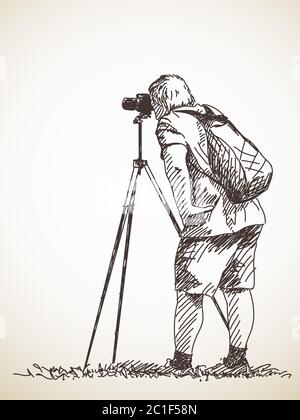 Fotografo con treppiede che scatta una foto, illustrazione vettoriale disegnata a mano Illustrazione Vettoriale