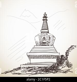 Stupa buddista in montagna, illustrazione disegnata a mano, schizzo vettoriale Illustrazione Vettoriale