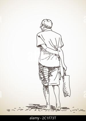 Disegno di vecchio uomo che cammina scalo a piedi nudi Vista posteriore disegno a mano illustrazione vettoriale Illustrazione Vettoriale