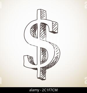 Schizzo del simbolo del dollaro 3D, illustrazione vettoriale disegnata a mano Illustrazione Vettoriale