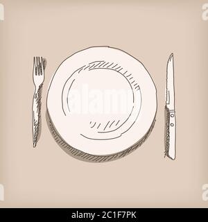 Schizzo di piastra, coltello, forcella. Illustrazione disegnata a mano Vector, isolata Illustrazione Vettoriale