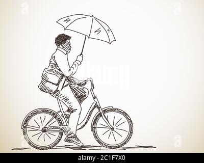Schizzo di un ciclista con ombrello, illustrazione vettoriale disegnata a mano Illustrazione Vettoriale