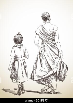 Schizzo di madre e figlia che camminano dalla scuola, illustrazione disegnata a mano Illustrazione Vettoriale