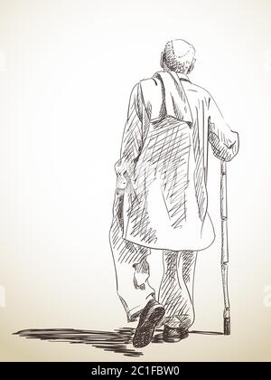 Disegno di uomo vecchio camminando, illustrazione disegnata a mano Illustrazione Vettoriale