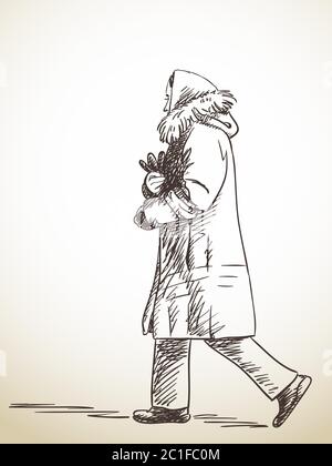 Schizzo di donna che cammina in abiti invernali, illustrazione disegnata a mano Illustrazione Vettoriale