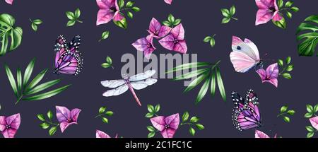 Motivo floreale senza cuciture acquerello. Fiori viola, foglie tropicali, farfalle e libellule su sfondo grigio scuro. Disegno botanico a mano Foto Stock