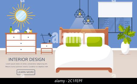 Interni della camera da letto. Banner Web vettoriale con posizione per il testo. Camera dal design moderno con letto matrimoniale, comodino, comò, specchio, finestra e decor. Illustrazione Vettoriale