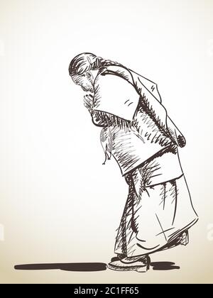 Disegno di donna buddista pregante, illustrazione disegnata a mano Illustrazione Vettoriale