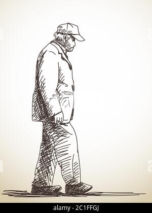 Disegno di uomo vecchio camminando, illustrazione disegnata a mano Illustrazione Vettoriale