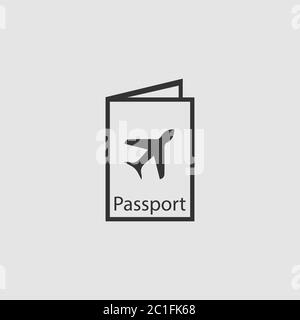 Icona viaggi passaporto piatto. Pittogramma nero su sfondo grigio. Simbolo dell'illustrazione vettoriale Illustrazione Vettoriale