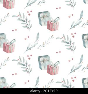 Motivo senza cuciture elementi natalizi acquerelli. Acquerello mano disegnata illustrazione di natale. Disegno delle festività invernali di Capodanno. Foto Stock