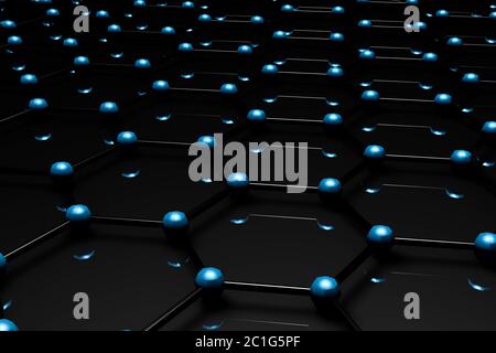 Griglia molecolare grafene, concetto di struttura atomica grafene, forma geometrica esagonale, rendering 3d di sfondo nanotecnologico Foto Stock