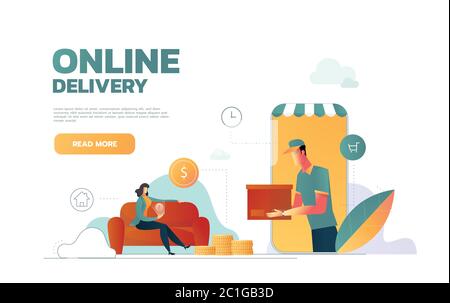 Modello di pagina di destinazione vettoriale piatto isometrico di servizio di consegna espresso, servizio di corriere, spedizione merci, ordine online di cibo. Illustrazione vettoriale. Illustrazione Vettoriale