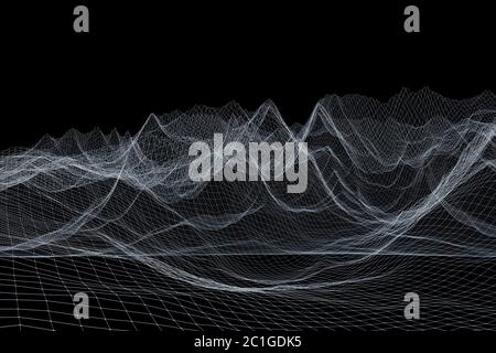 Paesaggio poligonale a reticolo. Montagne con linee e punti collegati Foto Stock