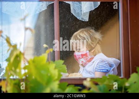 Dolce bambino, indossando maschera medica, orsacchiotto, anche con maschera, guardando tristemente fuori dalla finestra, durante l'isolamento pandemico del coronavirus Foto Stock