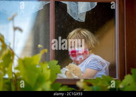 Dolce bambino, indossando maschera medica, orsacchiotto, anche con maschera, guardando tristemente fuori dalla finestra, durante l'isolamento pandemico del coronavirus Foto Stock