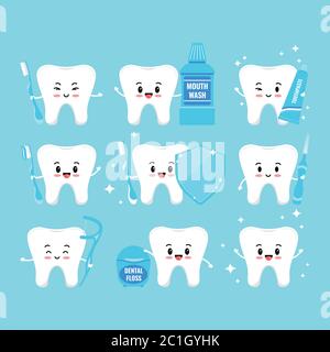 Dente con prodotti per l'igiene orale icone isolate su sfondo bianco. Illustrazione Vettoriale