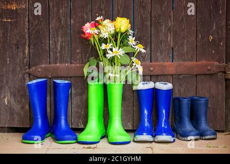 Stivali in gomma con fiori bellissimi in giardino Foto Stock