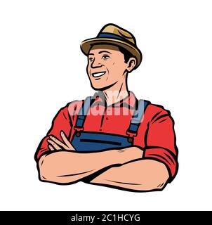 Felice contadino in cappello. Agricoltura, coltivazione retrò vettore illustrazione Illustrazione Vettoriale