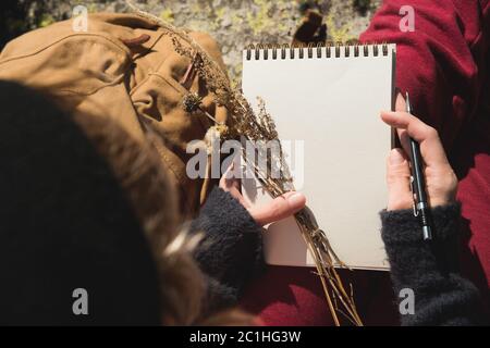 Ragazza pittore disegna una matita in un notebook sulla natura in montagna. Libera creatività e libertà di libertà Foto Stock