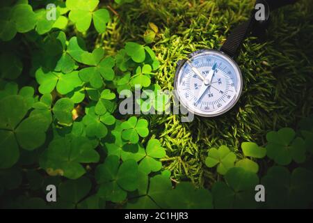 Primo piano bussola in legno fatta a mano, ombre di alberi su verde natura erba terra. Vacanza avventura in foresta. Indicazione diretta della bussola Foto Stock