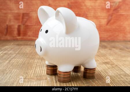 Banca di piggy sulle pile di monete Foto Stock