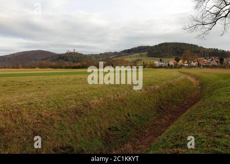 Prati e campi vicino a Herleshausen Foto Stock