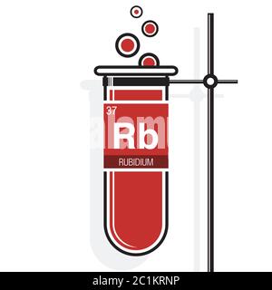 Simbolo di rubidio sull'etichetta di una provetta rossa con supporto. Elemento numero 37 della Tavola periodica degli elementi - chimica Illustrazione Vettoriale