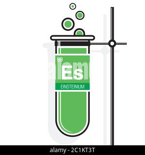 Simbolo di Einsteinio sull'etichetta in una provetta verde con supporto. Elemento numero 99 della Tavola periodica degli elementi - chimica Illustrazione Vettoriale