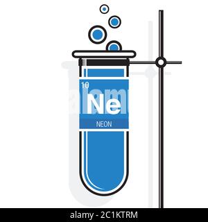 Simbolo al neon sull'etichetta di una provetta blu con supporto. Elemento numero 10 della Tavola periodica degli elementi - chimica Illustrazione Vettoriale