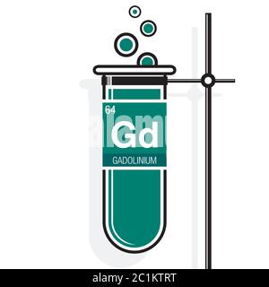 Simbolo di gadolinio sull'etichetta in una provetta verde con supporto. Elemento numero 64 della Tavola periodica degli elementi - chimica Illustrazione Vettoriale