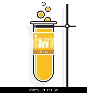 Simbolo di indio sull'etichetta di una provetta gialla con supporto. Elemento numero 49 della Tavola periodica degli elementi - chimica Illustrazione Vettoriale