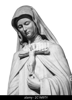 Antica statua della Vergine Maria con statua crocifissione Foto Stock